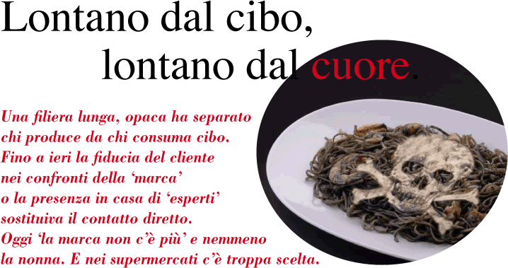 Lontano dal cibo, lontano dal cuore.
Una filiera lunga, opaca ha separato chi produce da chi consuma cibo. Fino a ieri la fiducia del cliente nei confronti della 'marca' o la presenza in casa di 'esperti' sostituiva il contatto diretto. Oggi 'la marca non c'è più' e nemmeno la nonna. E nei supermercati c'è troppa scelta.